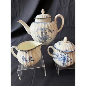 Royal Worcester Mansfield Blue & White Tea Set  Teapot, Creamer & Sugar  England